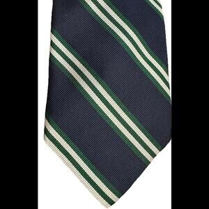 Jos A Bank Repp Tie Navy W/ Green & Gray Striped 100% Silk Necktie Made In USA